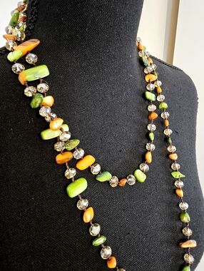 Boho Multicolor Beaded Necklace Long Layered Green Orange Stone